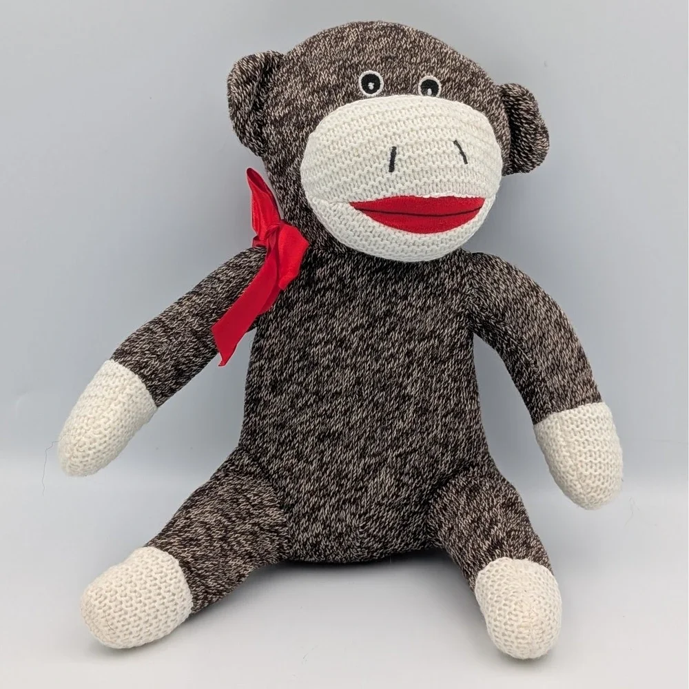 Sock Monkey James Patrick Progressive Plush Brown Knit Stuffed Animal Red Bow